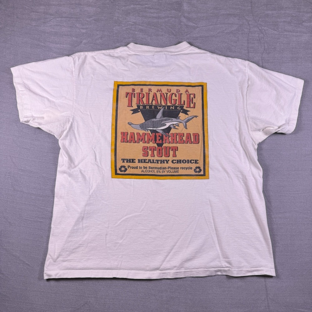 Vtg Delta Mens White Bermuda Triangle Brewing Hammerhead Stout T-Shirt Size XL